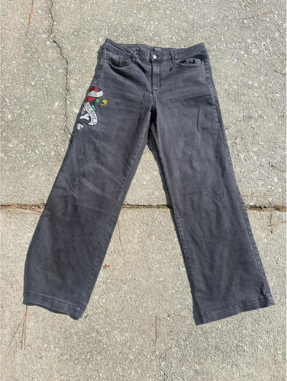 Ed Hardy Denim Skull Embroidered Graphic Black Jeans Size 32